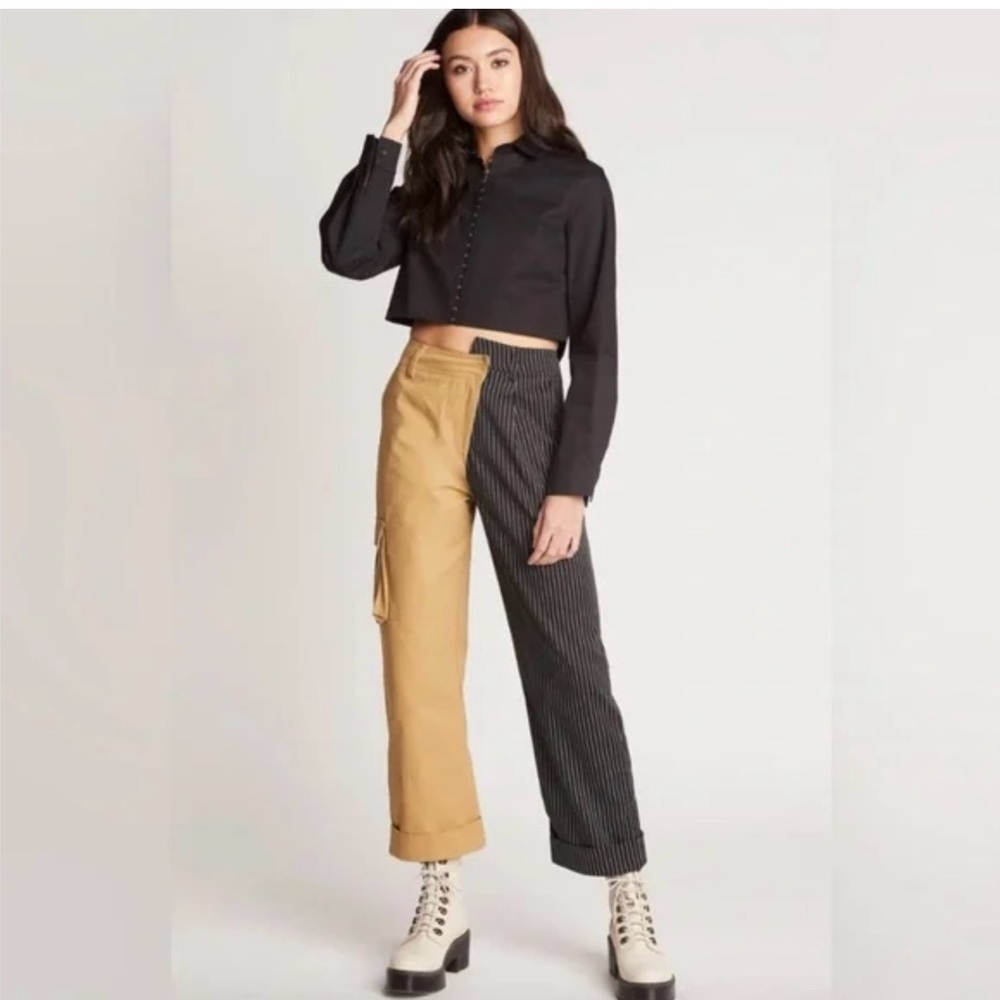 🖤🤎Choosy High Rise Straight Leg Cargo Jeans SZ 4 Cuffed Cropped Mixed Media🖤🤎NWT - Picture 4 of 13